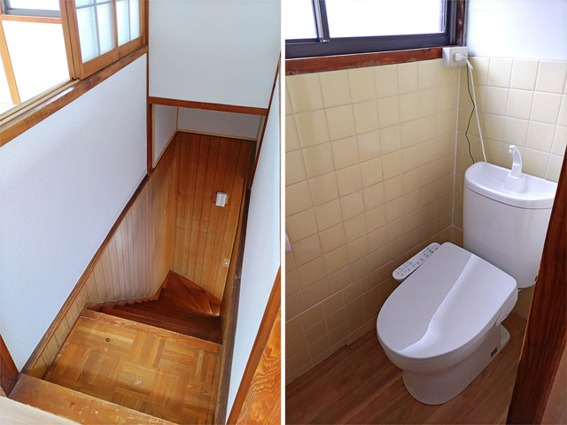 （左）階段、（右）洋式水洗トイレ新規設置